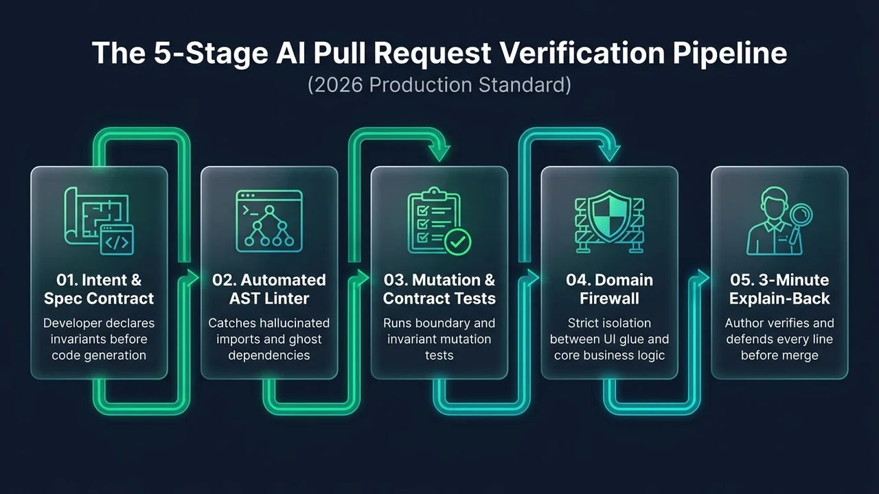 The 5-Stage AI Pull Request Verification Pipeline architecture diagram
