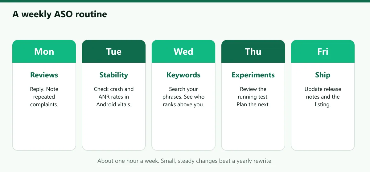 Weekly ASO routine across five days: reviews, vitals, keywords, experiments and release notes