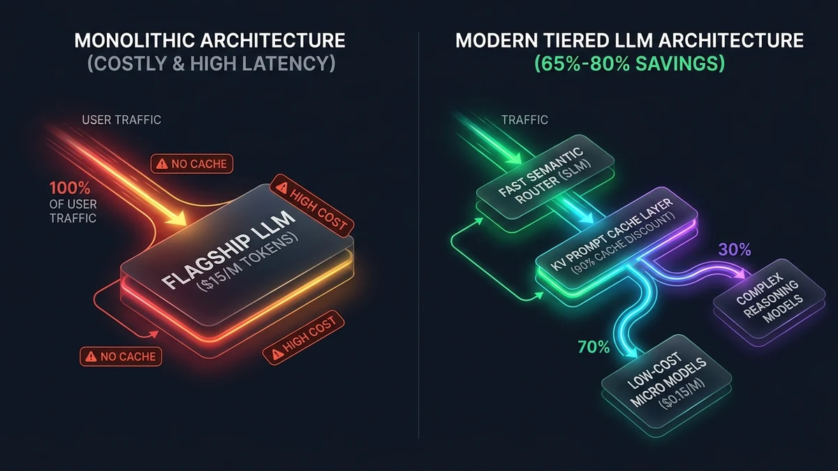 Modern Tiered LLM Architecture showing Semantic Router, KV Prompt Cache Layer, and traffic distribution between micro models and flagship reasoning models.