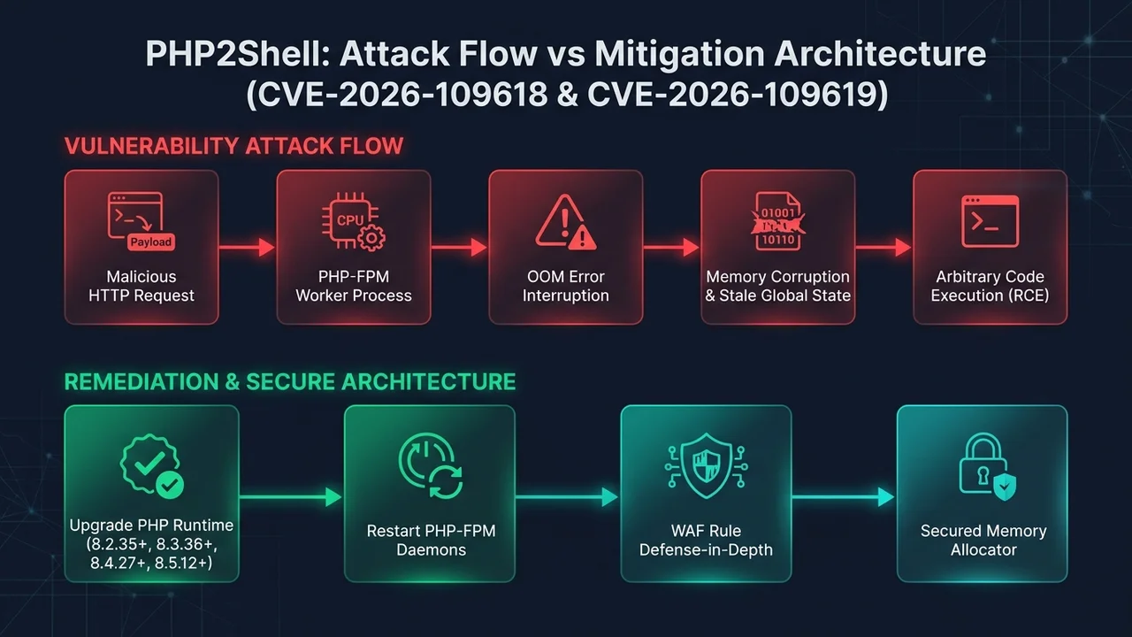 PHP2Shell attack flow versus emergency patch architecture diagram