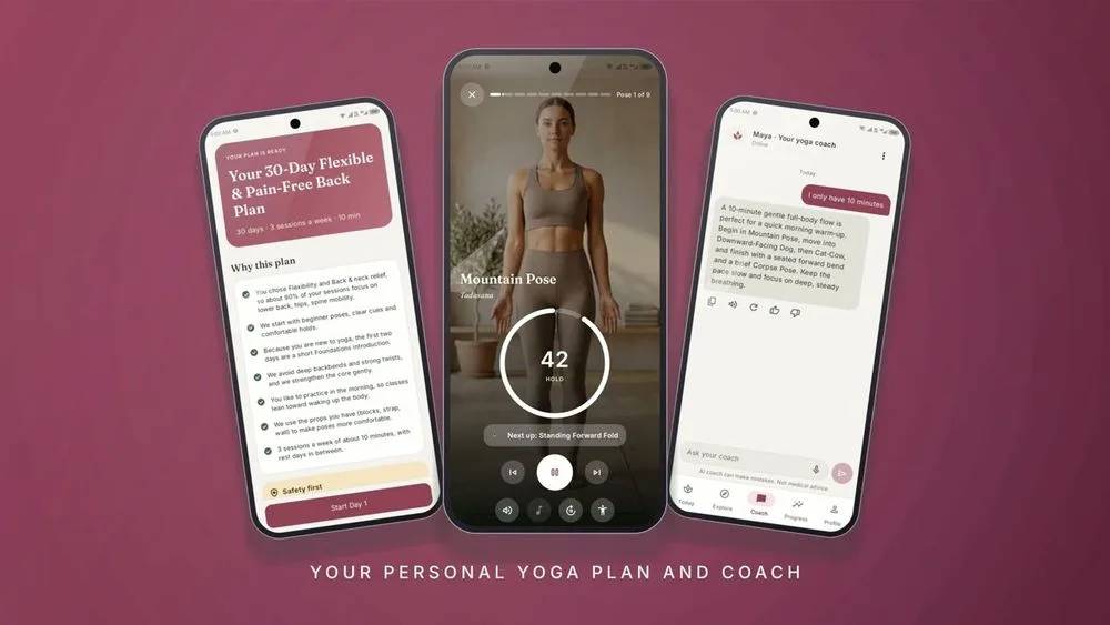 Maya Yoga promo video: personal plan, session player and AI coach