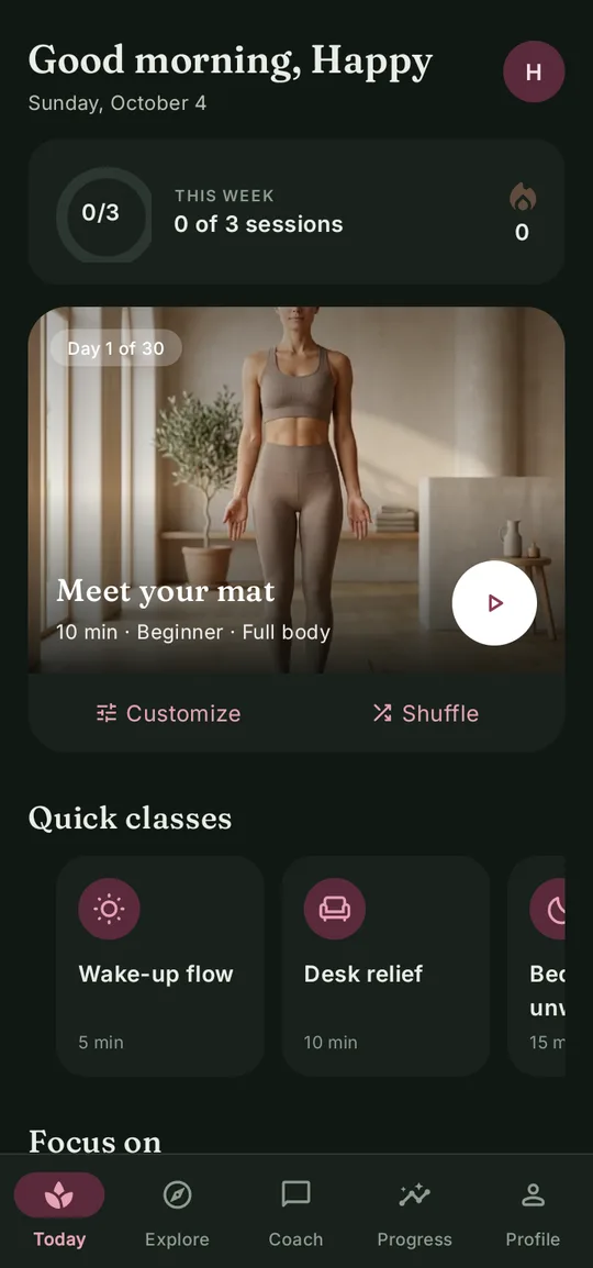 Maya Yoga home screen: today's class, weekly progress and quick classes