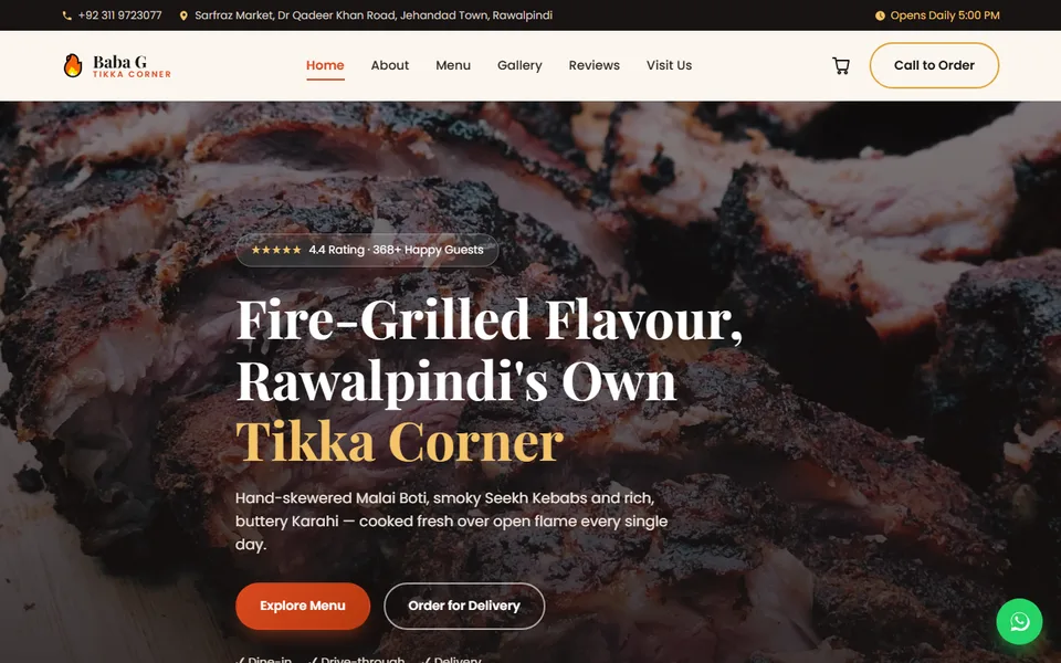 Baba G Tikka Corner restaurant website home page